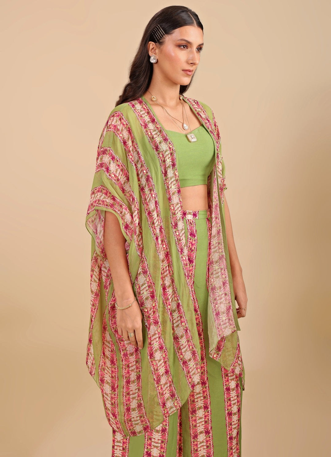 Green Printed Palazzo Pant Set With Embroidered Cape Soup By Sougat Paul - Fabilicious Fashion