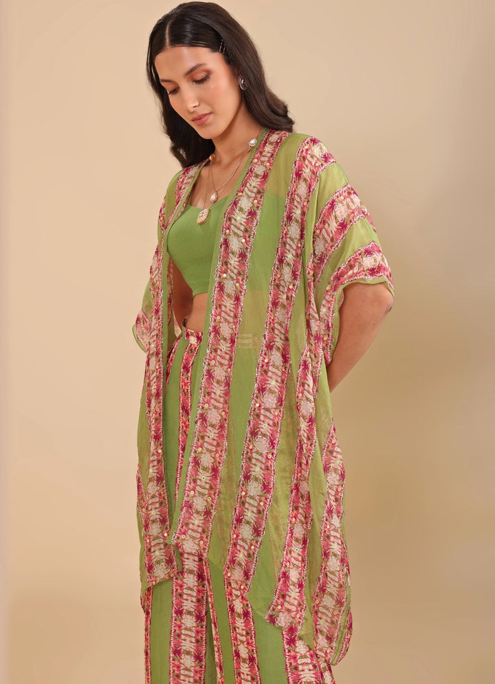 Green Printed Palazzo Pant Set With Embroidered Cape Soup By Sougat Paul - Fabilicious Fashion