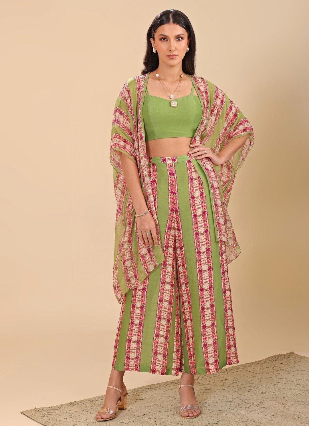 Green Printed Palazzo Pant Set With Embroidered Cape Soup By Sougat Paul - Fabilicious Fashion