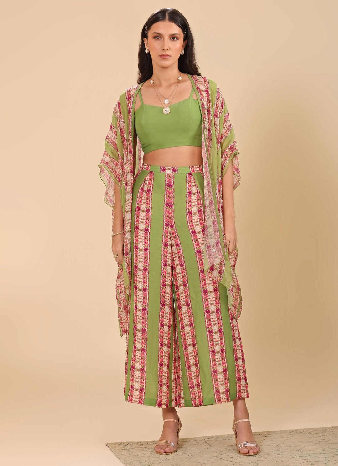 Green Printed Palazzo Pant Set With Embroidered Cape Soup By Sougat Paul - Fabilicious Fashion