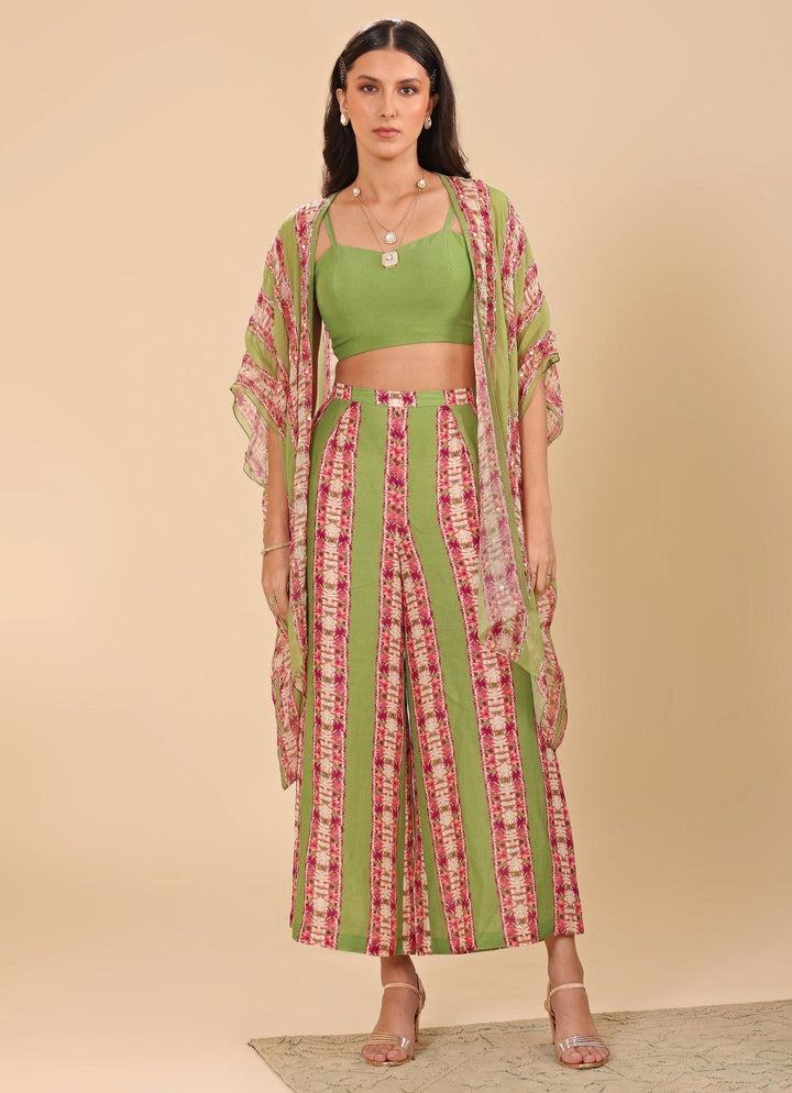 Green Printed Palazzo Pant Set With Embroidered Cape Soup By Sougat Paul - Fabilicious Fashion