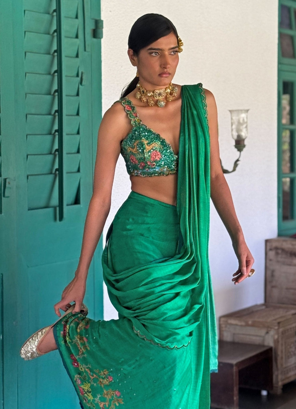 Green Printed Pre - Draped Chiffon Saree Basil Leaf - Fabilicious Fashion