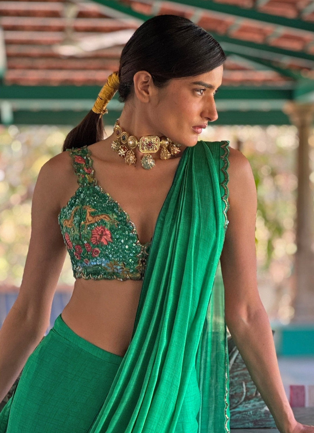 Green Printed Pre - Draped Chiffon Saree Basil Leaf - Fabilicious Fashion