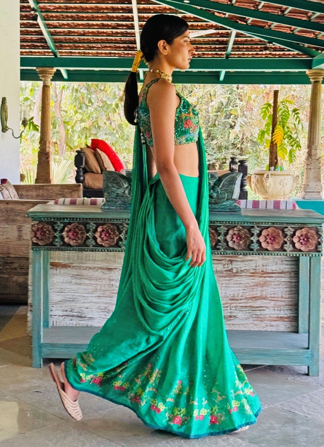 Green Printed Pre - Draped Chiffon Saree Basil Leaf - Fabilicious Fashion