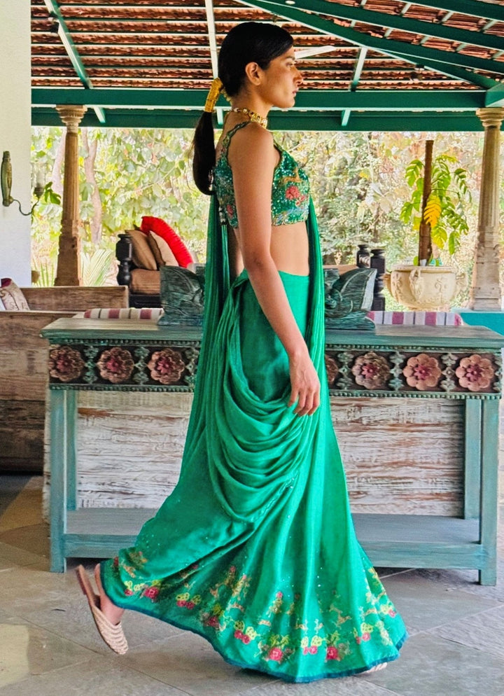 Green Printed Pre - Draped Chiffon Saree Basil Leaf - Fabilicious Fashion