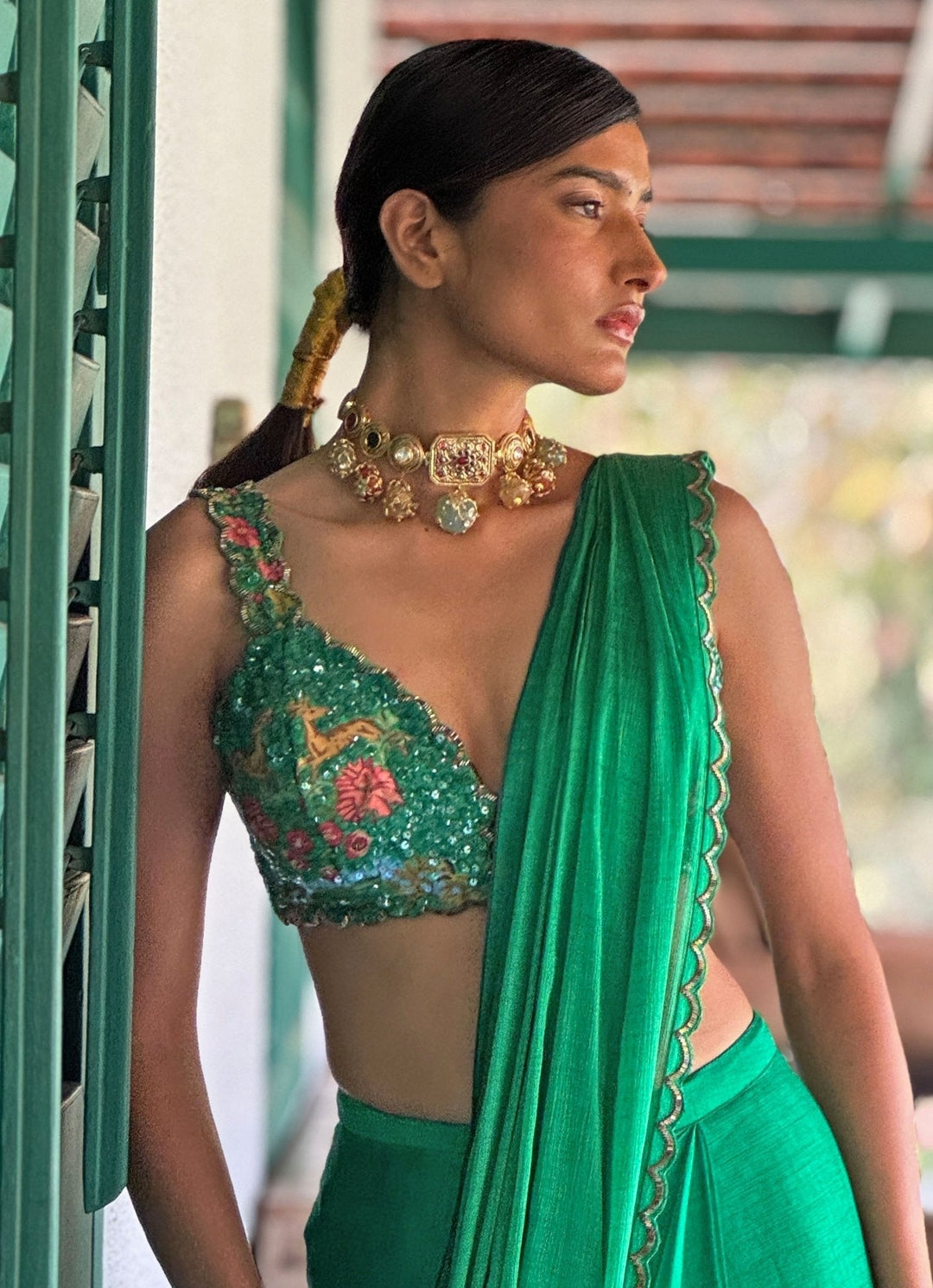 Green Printed Pre - Draped Chiffon Saree Basil Leaf - Fabilicious Fashion
