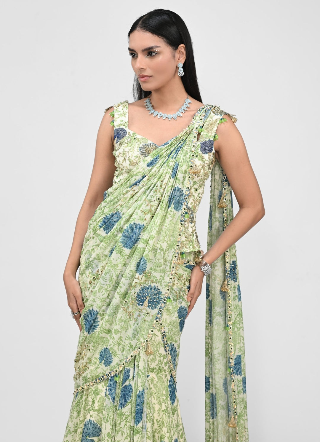 Green Printed Pre - Draped Saree With Corset Juhi Bengani - Fabilicious Fashion