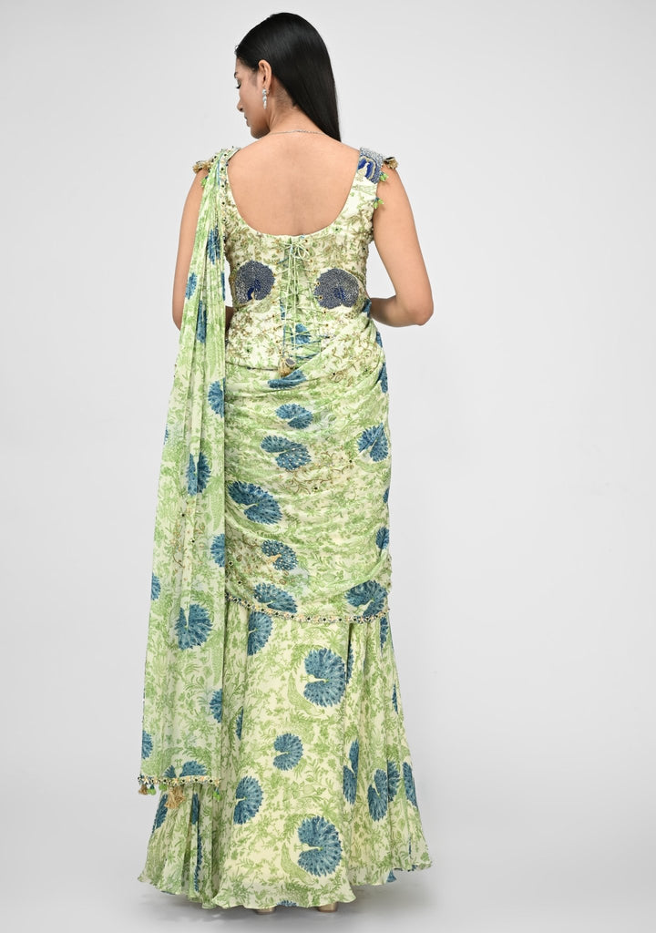 Green Printed Pre - Draped Saree With Corset Juhi Bengani - Fabilicious Fashion