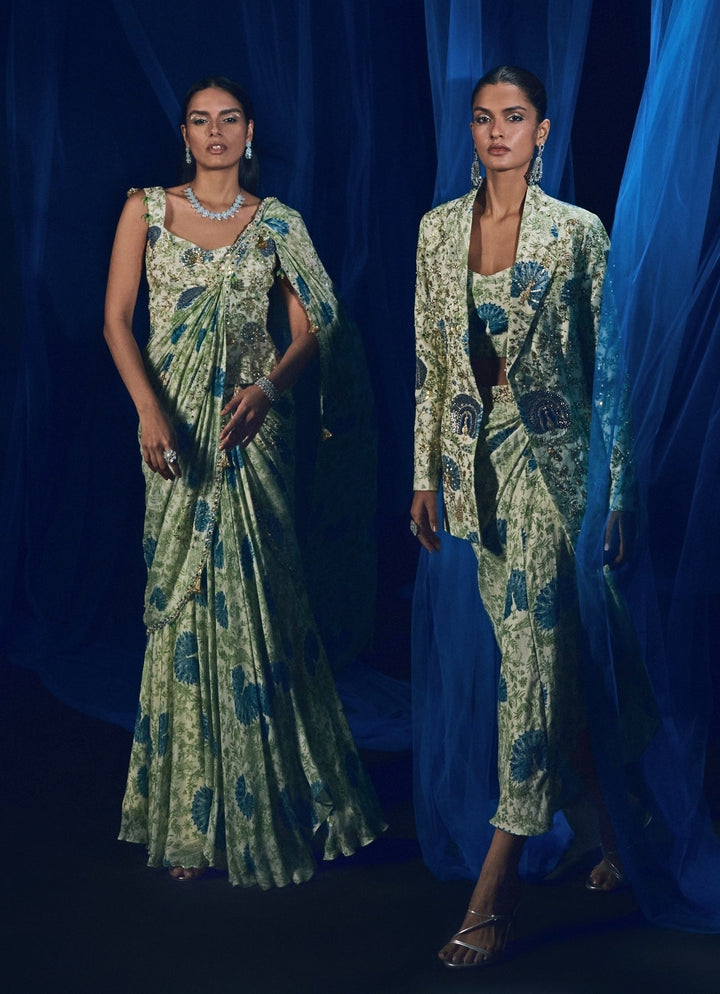 Green Printed Pre - Draped Saree With Corset Juhi Bengani - Fabilicious Fashion