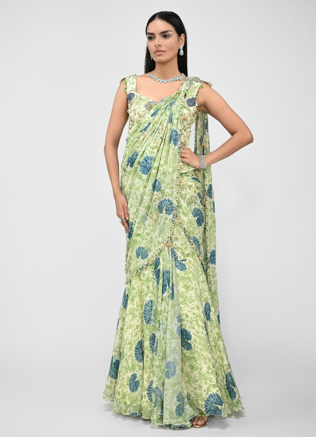 Green Printed Pre - Draped Saree With Corset Juhi Bengani - Fabilicious Fashion