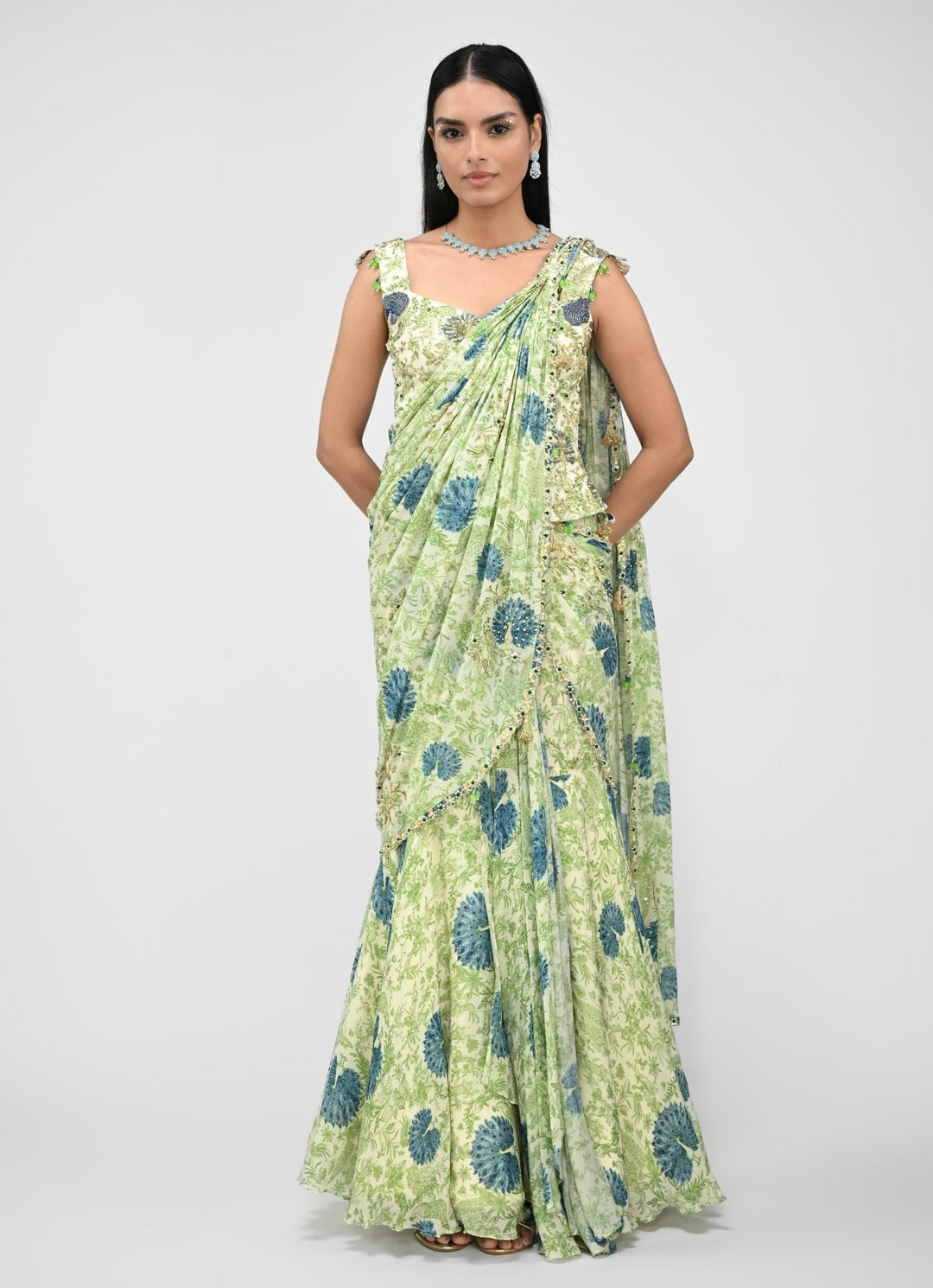 Green Printed Pre - Draped Saree With Corset Juhi Bengani - Fabilicious Fashion
