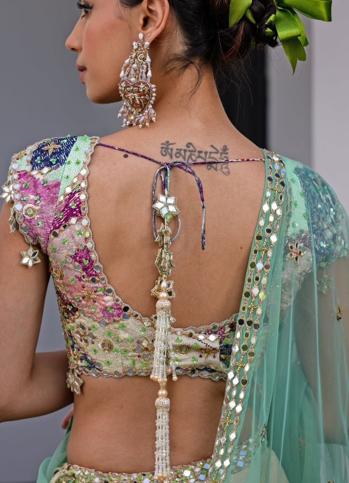 Green Printed Satin Lehenga Set With Mirror Work Blouse Juhi Bengani - Fabilicious Fashion