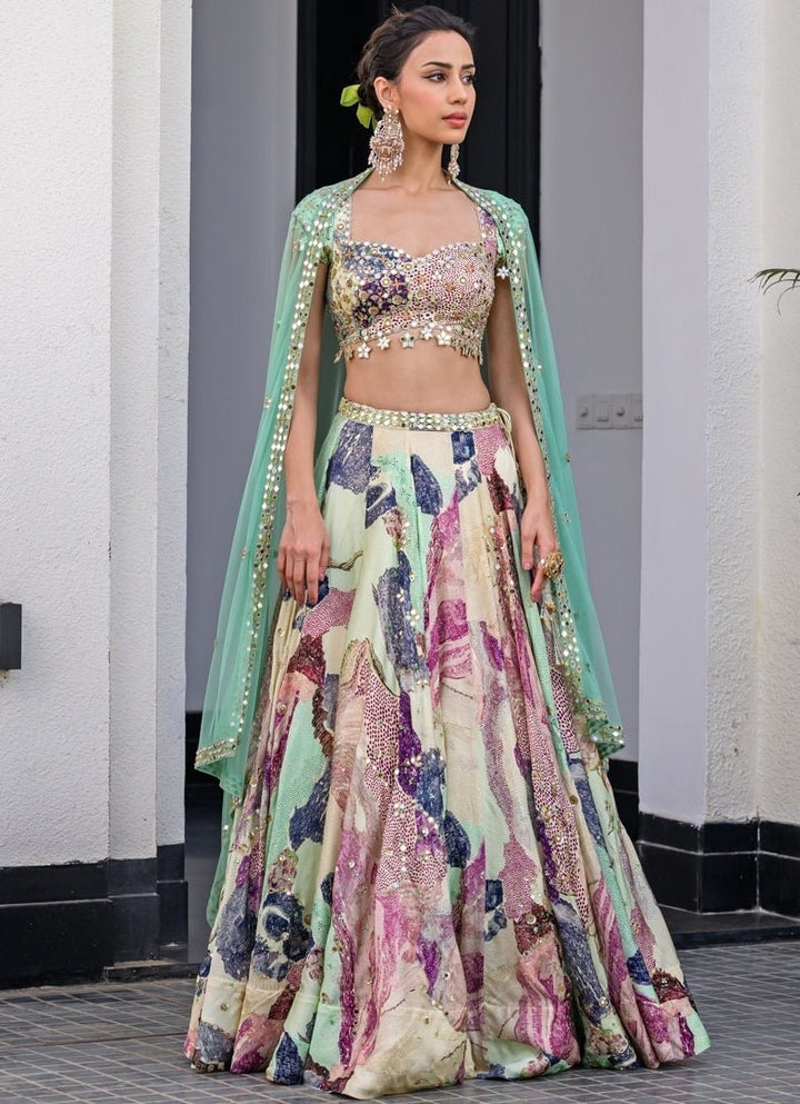 Green Printed Satin Lehenga Set With Mirror Work Blouse Juhi Bengani - Fabilicious Fashion
