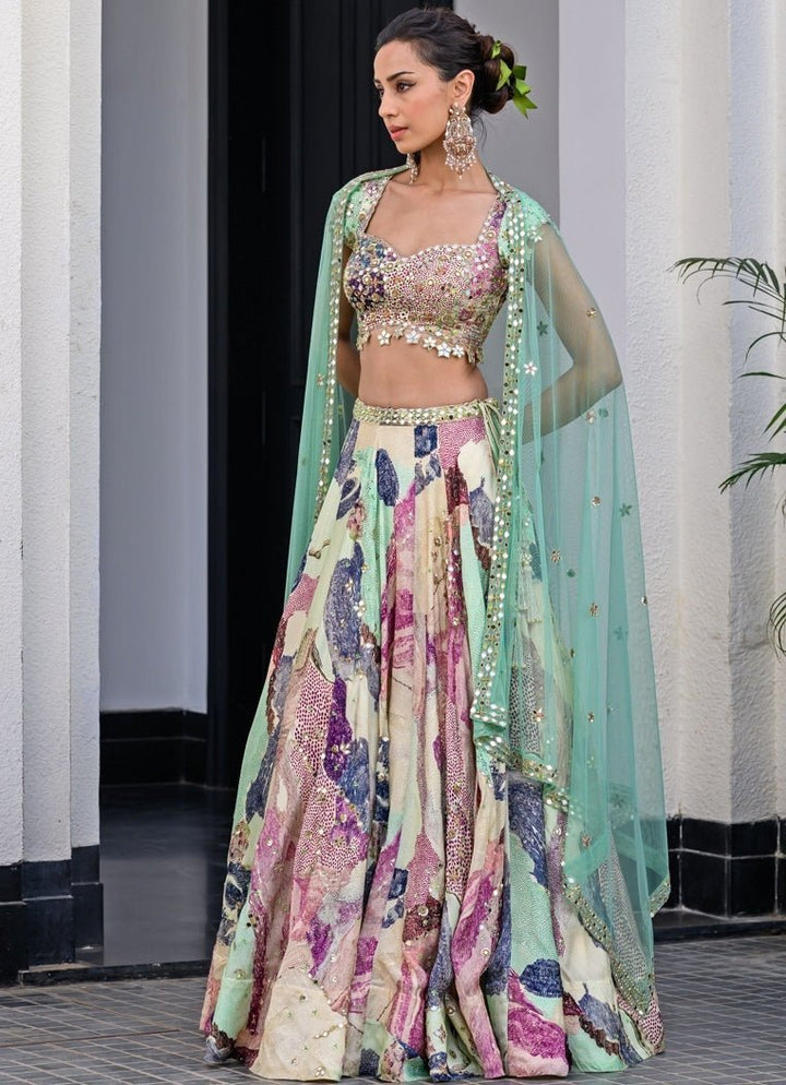 Green Printed Satin Lehenga Set With Mirror Work Blouse Juhi Bengani - Fabilicious Fashion