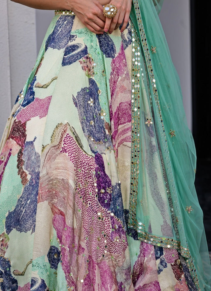 Green Printed Satin Lehenga Set With Mirror Work Blouse Juhi Bengani - Fabilicious Fashion