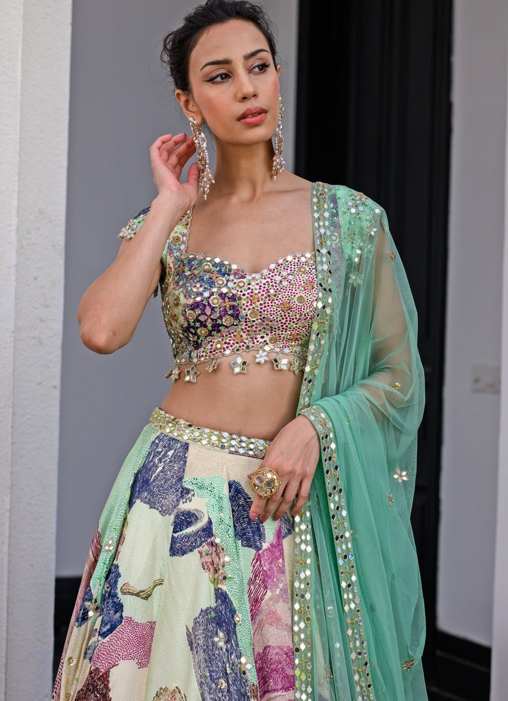 Green Printed Satin Lehenga Set With Mirror Work Blouse Juhi Bengani - Fabilicious Fashion