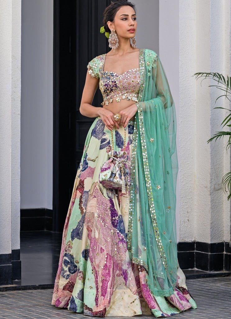 Green printed satin lehenga with mirror work blouse Juhi Bengani — Indian wedding guest outfit USA