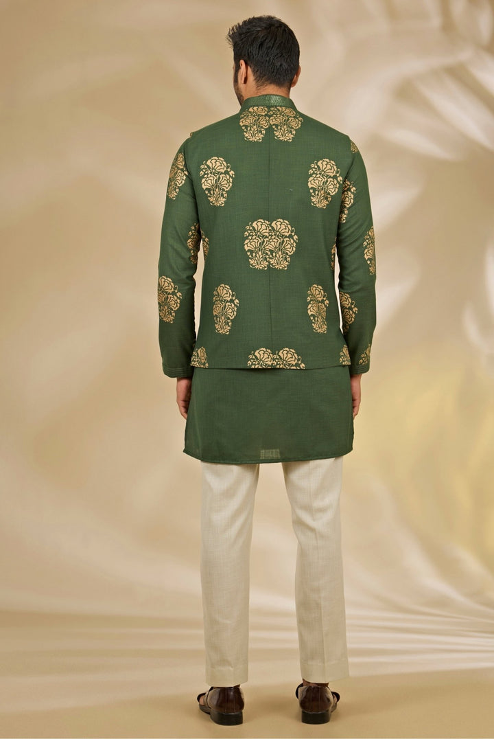 Manish Nagdeo Men Green Printed Silk Bundi SetFabilicious Fashion