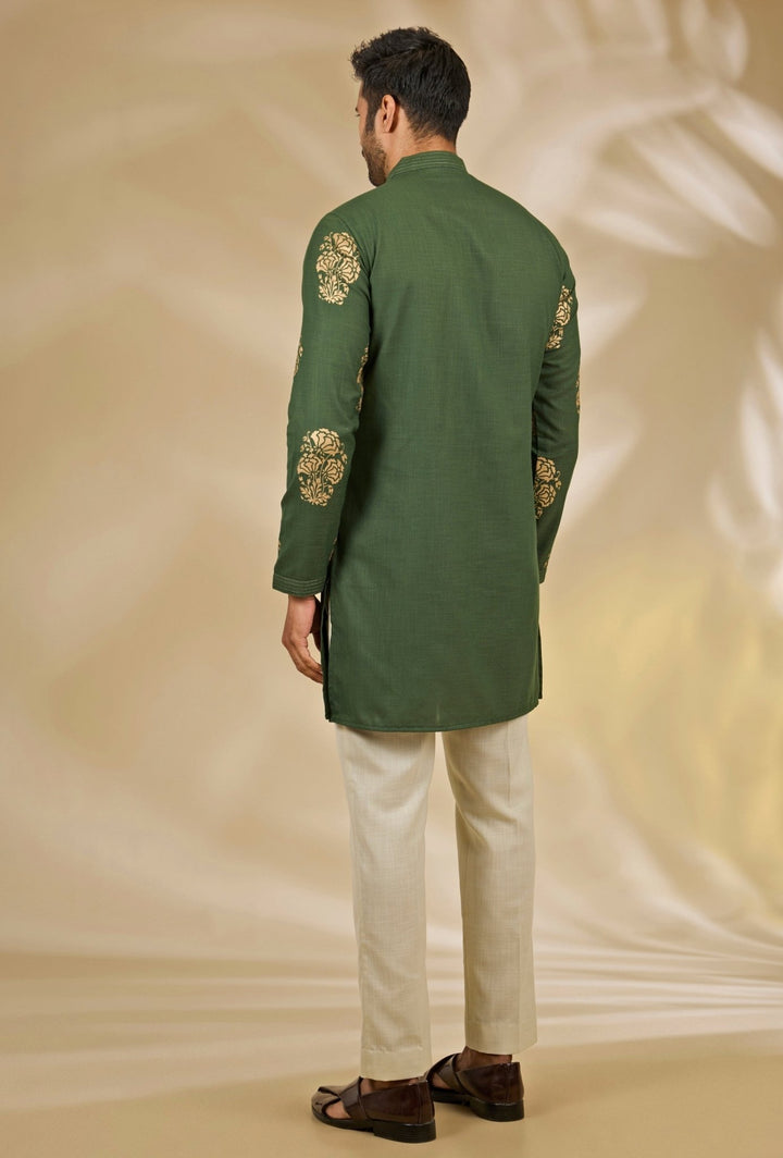 Manish Nagdeo Men Green Printed Silk Bundi SetFabilicious Fashion