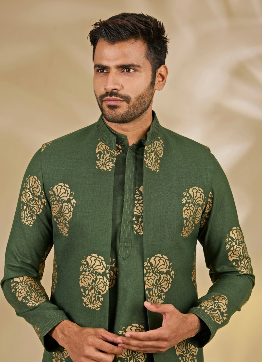 Manish Nagdeo Men Green Printed Silk Bundi SetFabilicious Fashion
