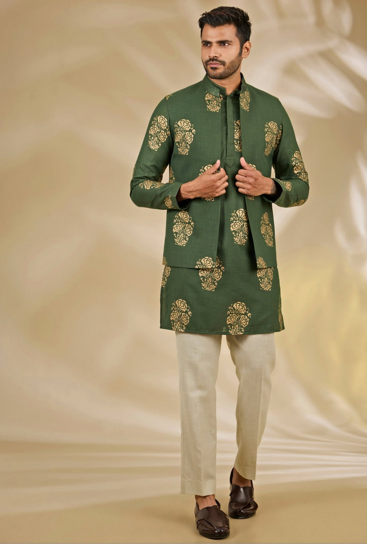 Manish Nagdeo Men Green Printed Silk Bundi SetFabilicious Fashion