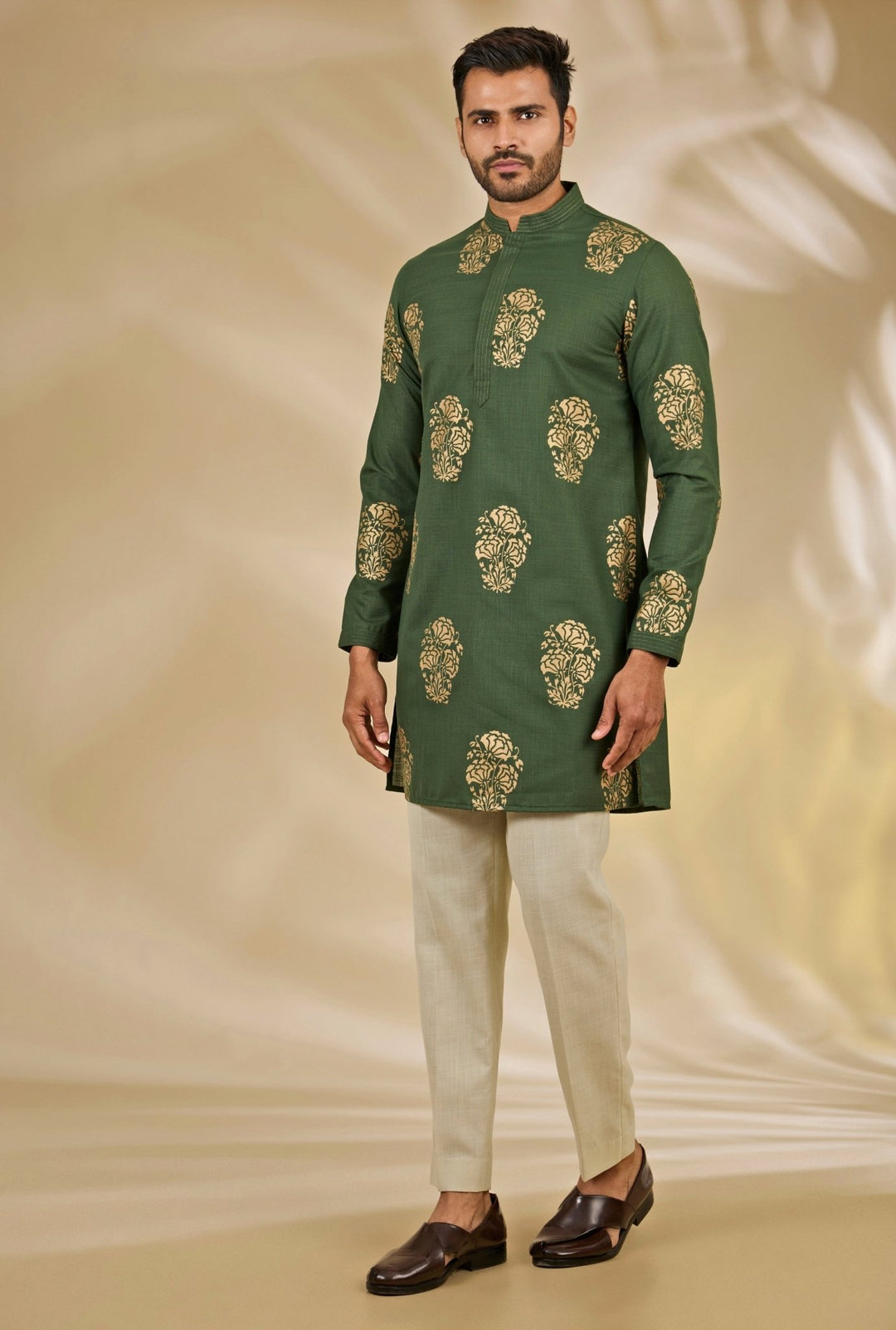Manish Nagdeo Men Green Printed Silk Bundi SetFabilicious Fashion