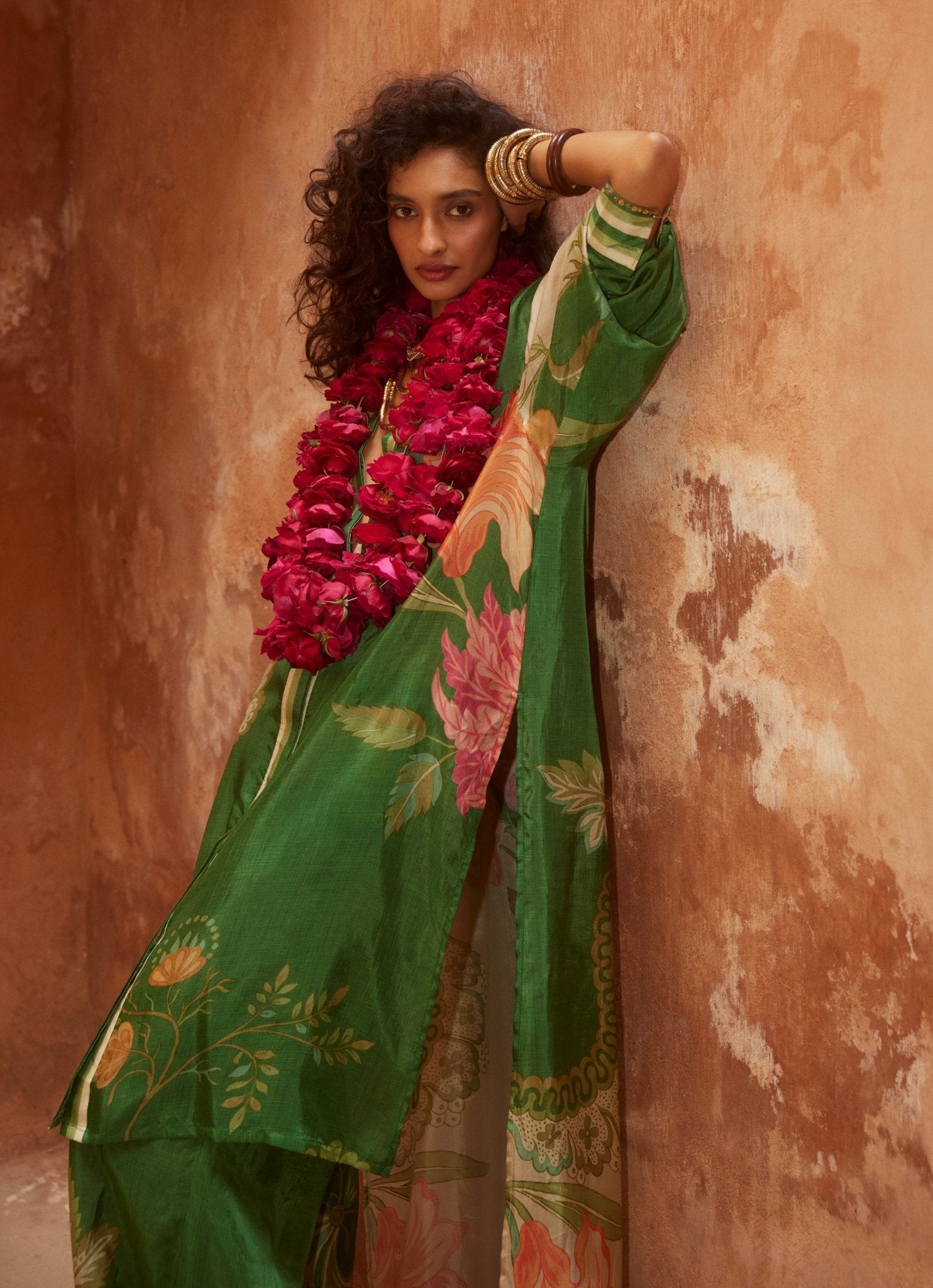 Green printed kurta set — kurta sharara for destination wedding travel-friendly styling
