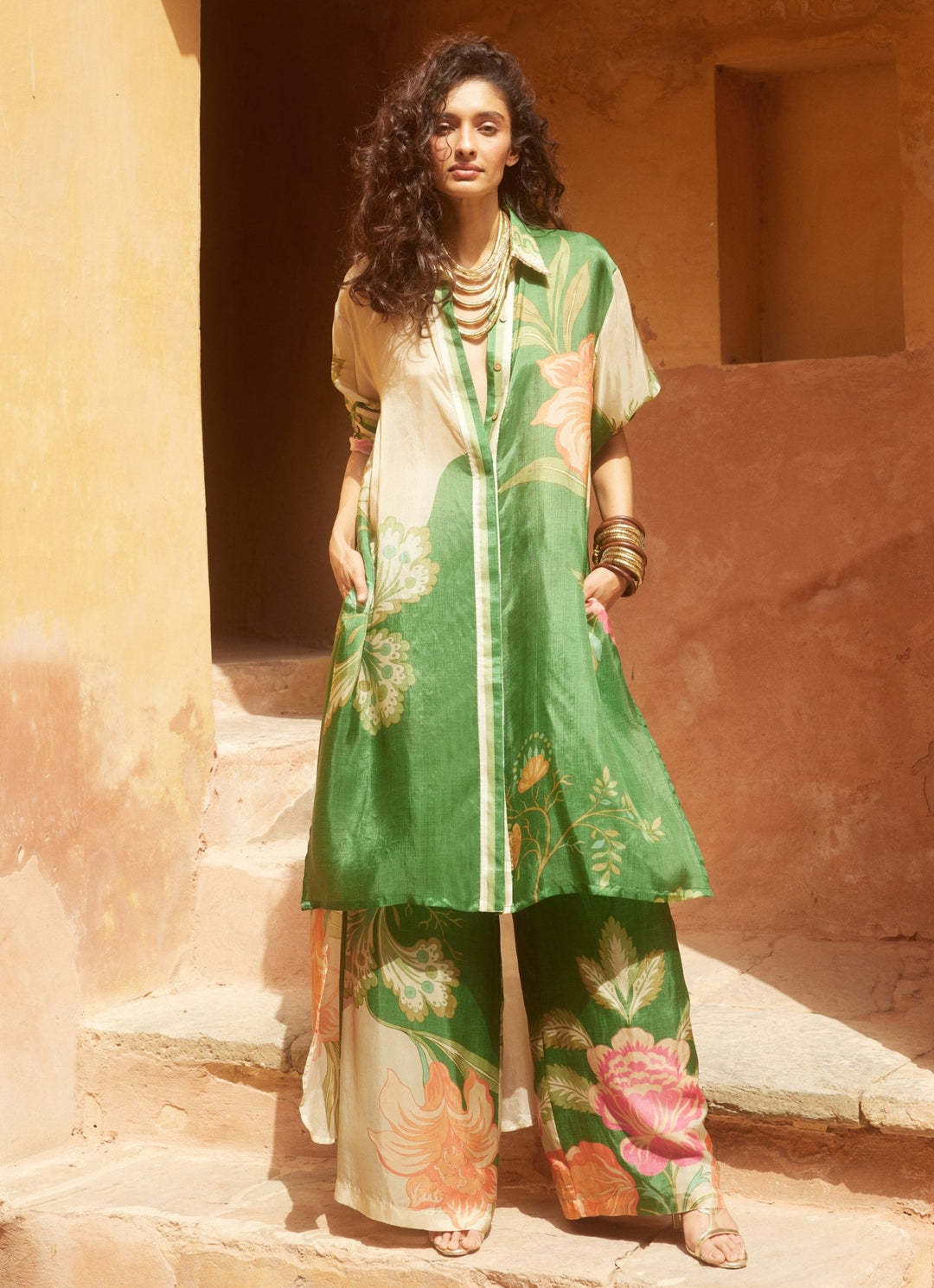 Green Printed Silk Kurta Pant Set Paulmi and Harsh - Fabilicious Fashion