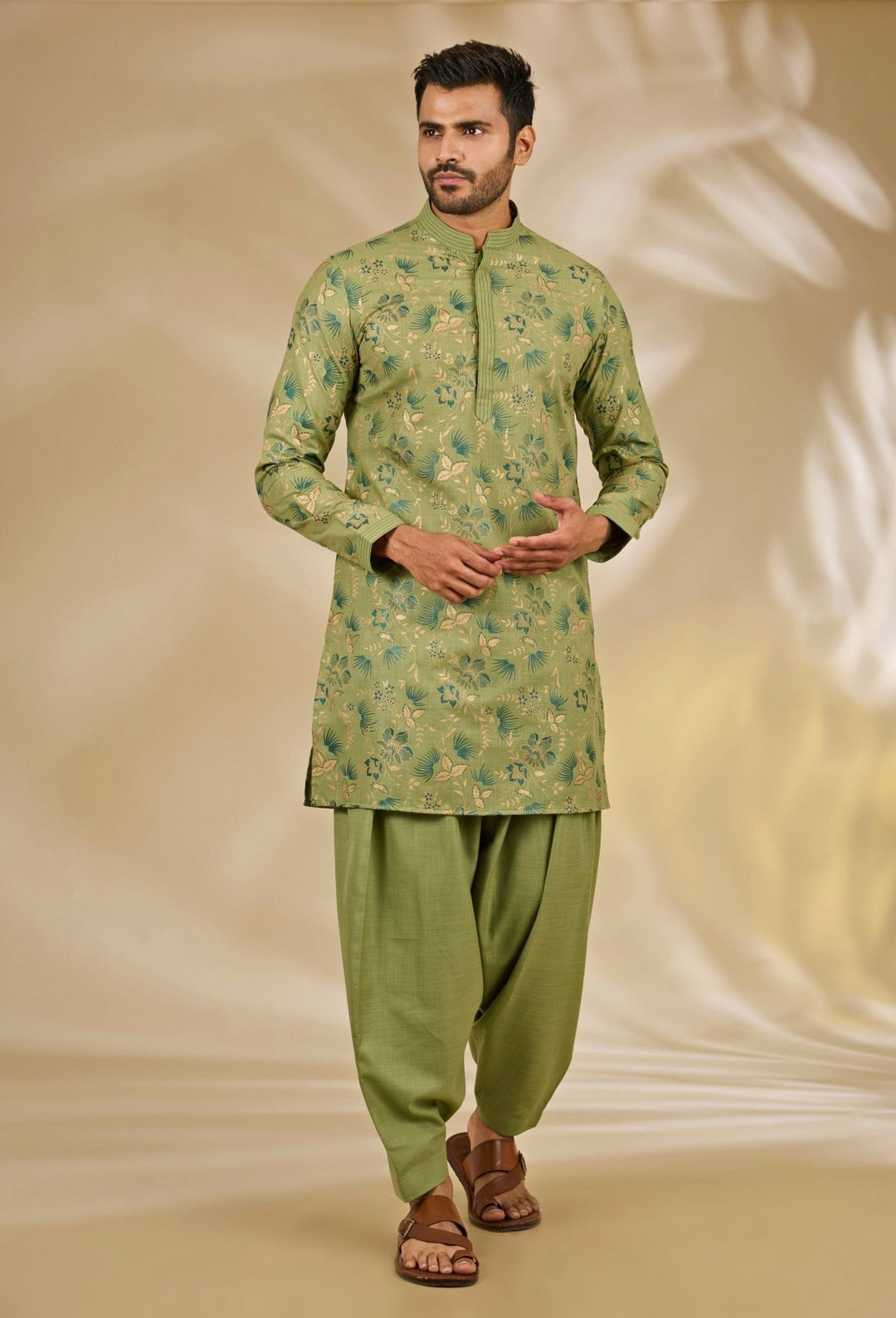 Manish Nagdeo Men Green Printed Silk Kurta SetFabilicious Fashion