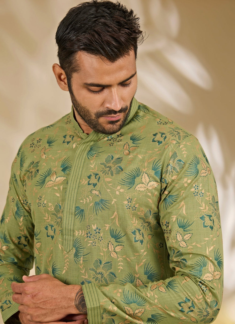 Manish Nagdeo Men Green Printed Silk Kurta SetFabilicious Fashion