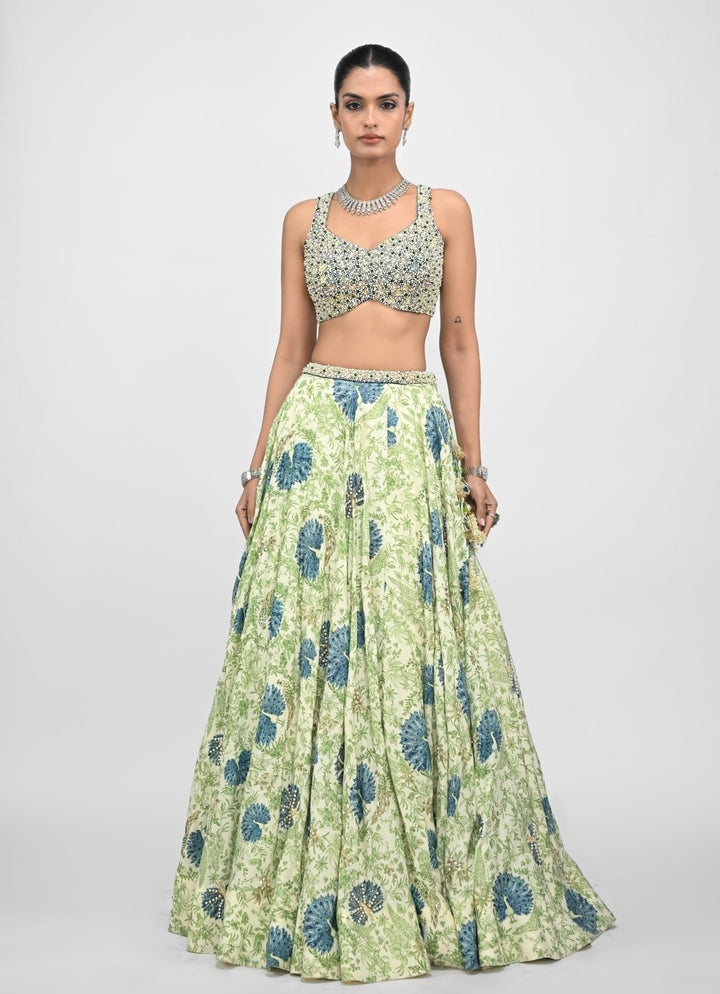 Green Printed Silk Lehenga Set With Contrasting Embroidered Blue Dupatta Juhi Bengani - Fabilicious Fashion