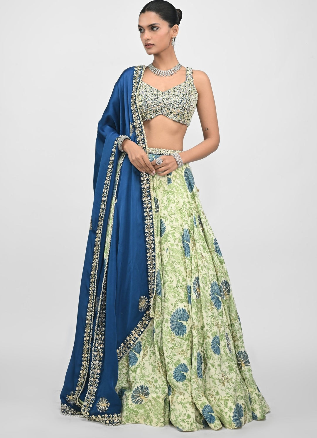 Green Printed Silk Lehenga Set With Contrasting Embroidered Blue Dupatta Juhi Bengani - Fabilicious Fashion