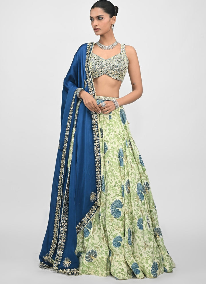 Green Printed Silk Lehenga Set With Contrasting Embroidered Blue Dupatta Juhi Bengani - Fabilicious Fashion