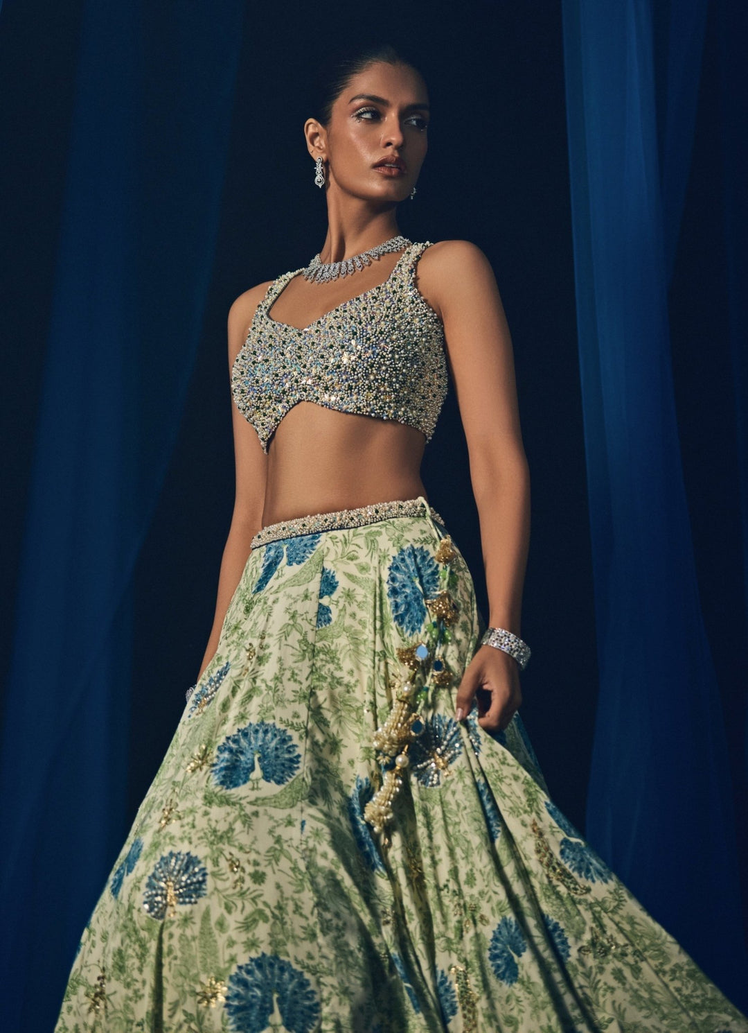 Green Printed Silk Lehenga Set With Contrasting Embroidered Blue Dupatta Juhi Bengani - Fabilicious Fashion