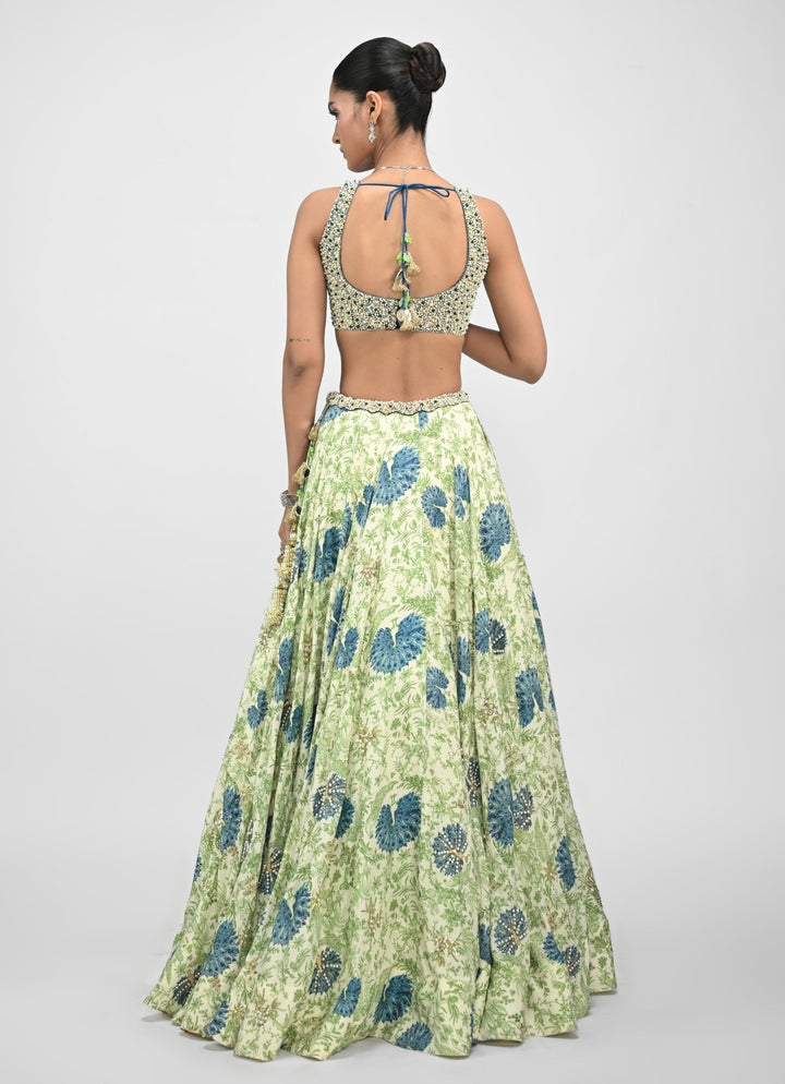 Green Printed Silk Lehenga Set With Contrasting Embroidered Blue Dupatta Juhi Bengani - Fabilicious Fashion