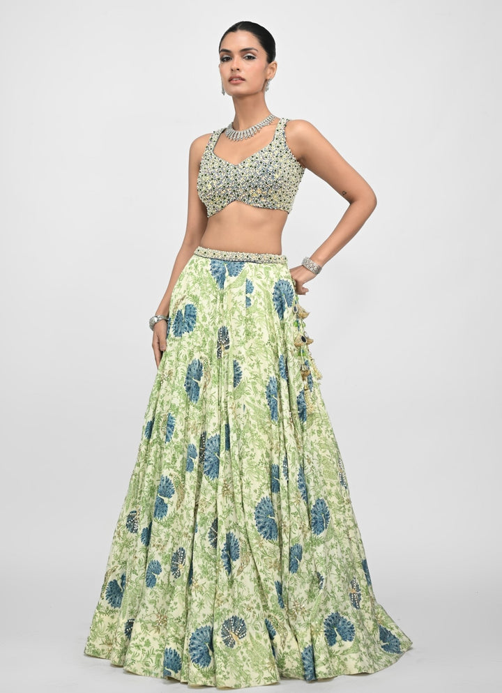Green Printed Silk Lehenga Set With Contrasting Embroidered Blue Dupatta Juhi Bengani - Fabilicious Fashion