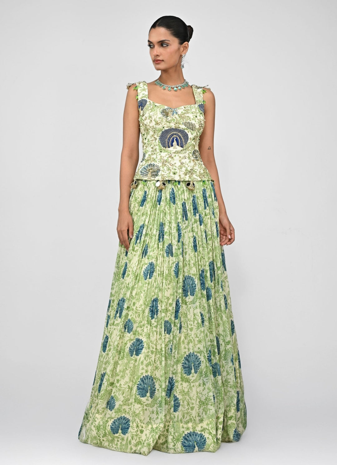 Green Printed Silk Lehenga Set With Embroidered Corset Juhi Bengani - Fabilicious Fashion