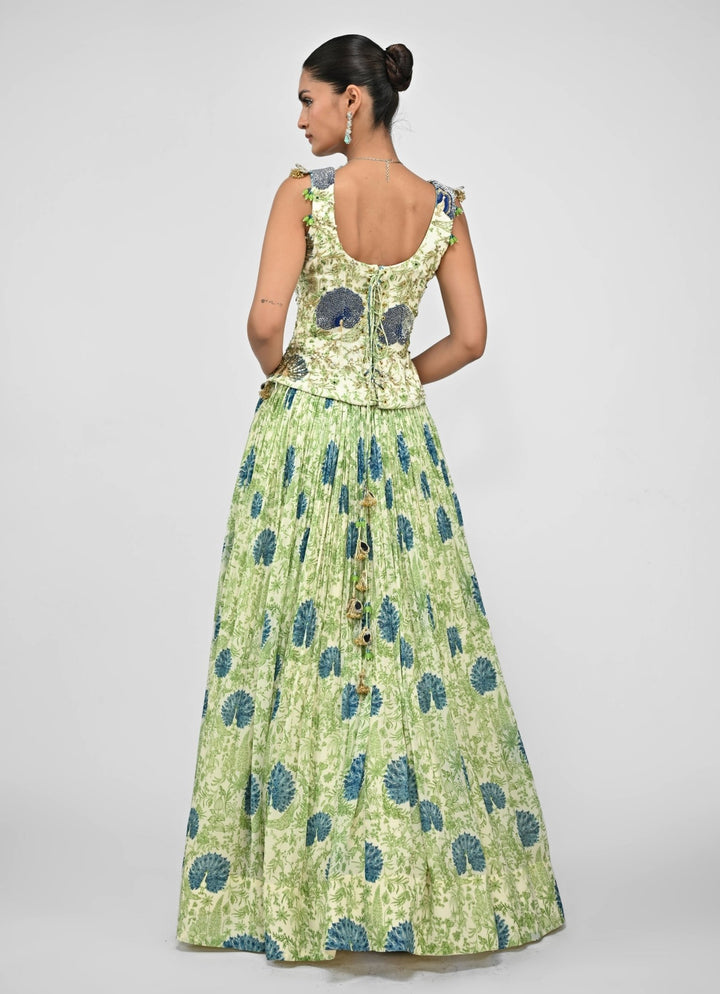 Green Printed Silk Lehenga Set With Embroidered Corset Juhi Bengani - Fabilicious Fashion