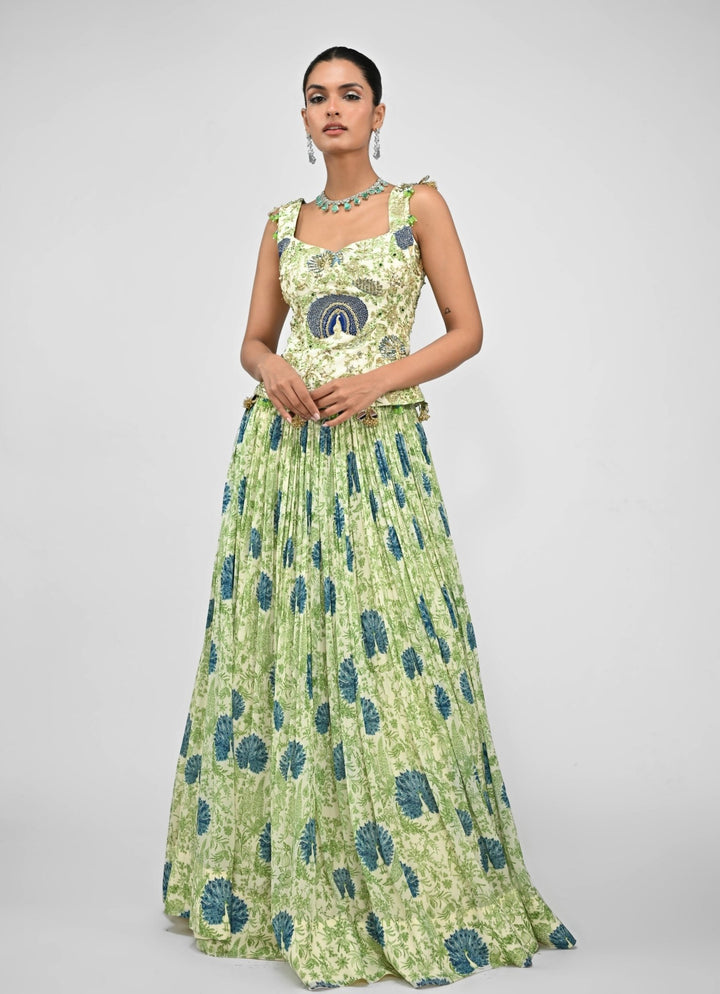 Green Printed Silk Lehenga Set With Embroidered Corset Juhi Bengani - Fabilicious Fashion