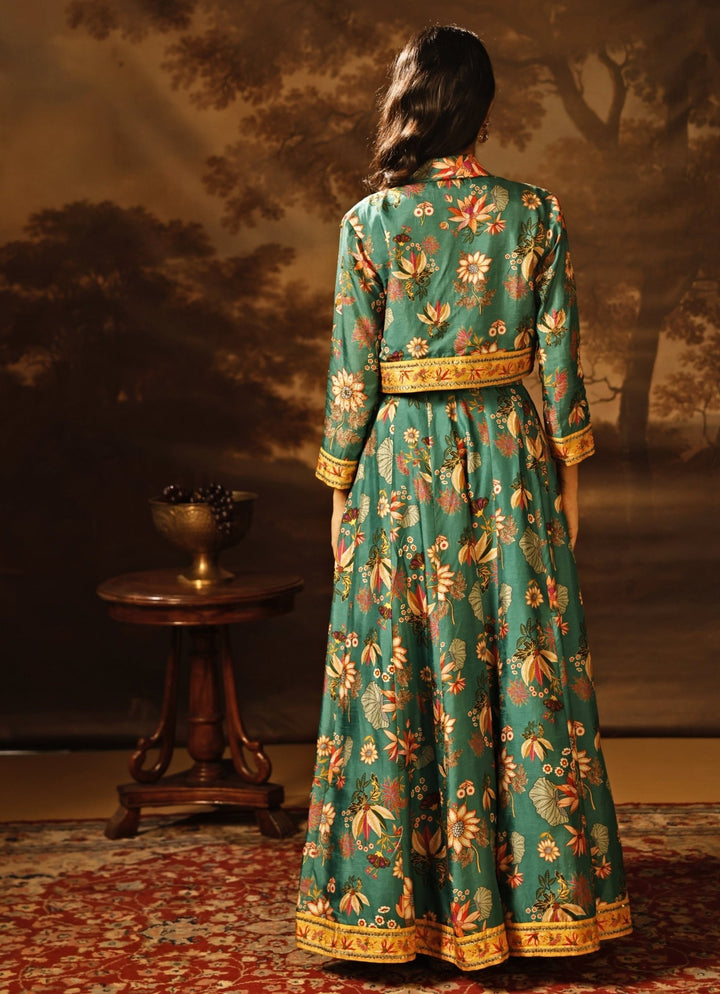Green Printed Silk Lehenga Set With Jacket Soup by Sougat Paul - Fabilicious Fashion