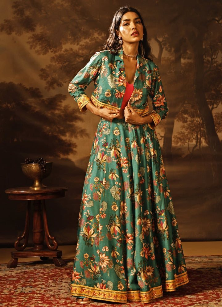 Green Printed Silk Lehenga Set With Jacket Soup by Sougat Paul - Fabilicious Fashion