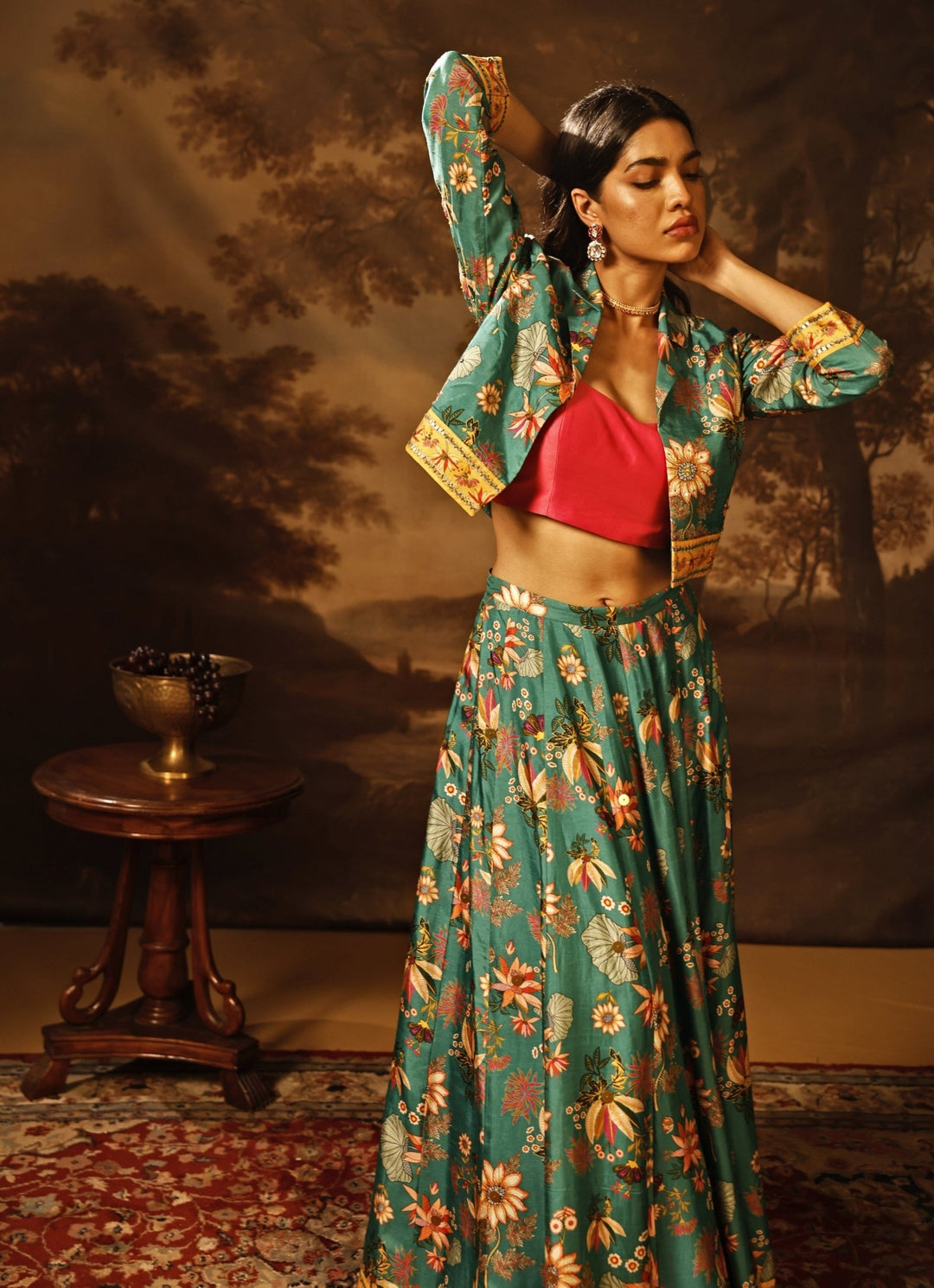 Green Printed Silk Lehenga Set With Jacket Soup by Sougat Paul - Fabilicious Fashion
