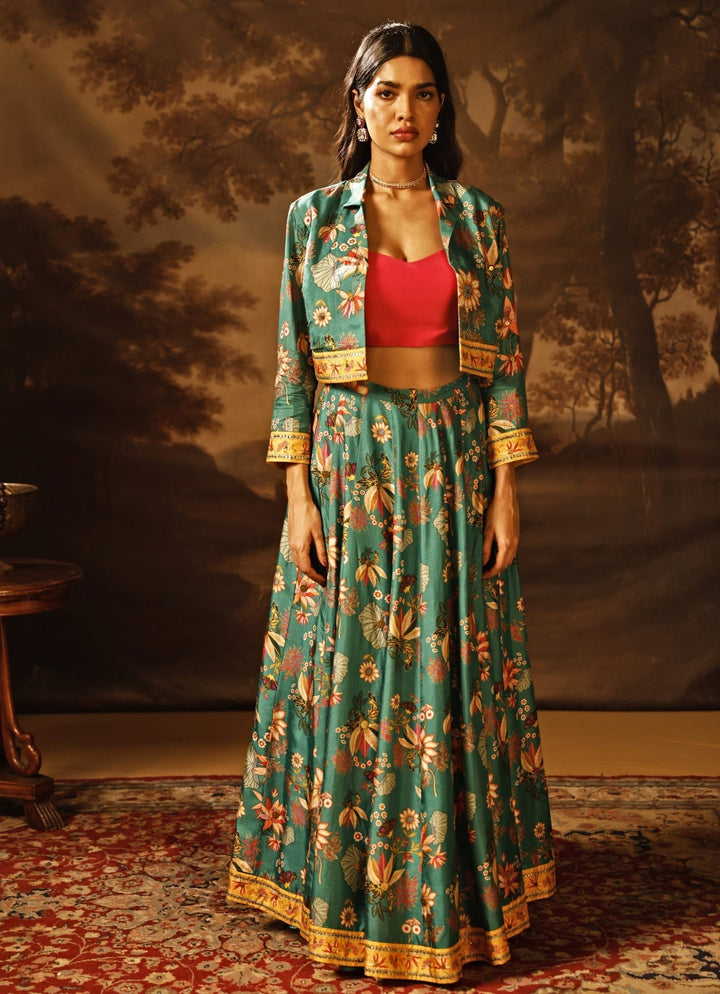 Green Printed Silk Lehenga Set With Jacket Soup by Sougat Paul - Fabilicious Fashion