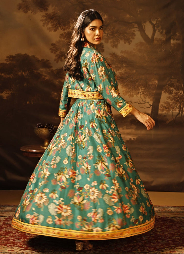 Green Printed Silk Lehenga Set With Jacket Soup by Sougat Paul - Fabilicious Fashion