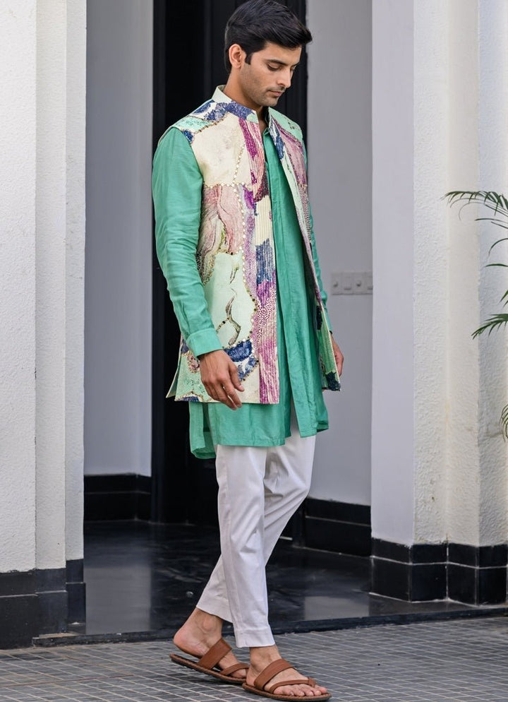 Green Printed Silk Nehru Jacket Set Juhi Bengani - Men - Fabilicious Fashion