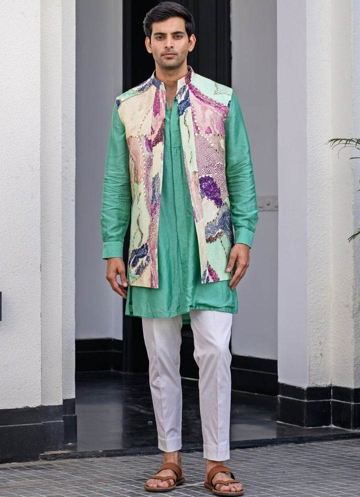 Green Printed Silk Nehru Jacket Set Juhi Bengani - Men - Fabilicious Fashion