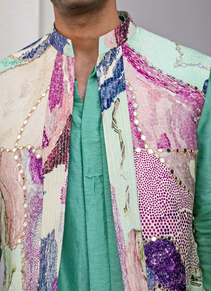 Green Printed Silk Nehru Jacket Set Juhi Bengani - Men - Fabilicious Fashion