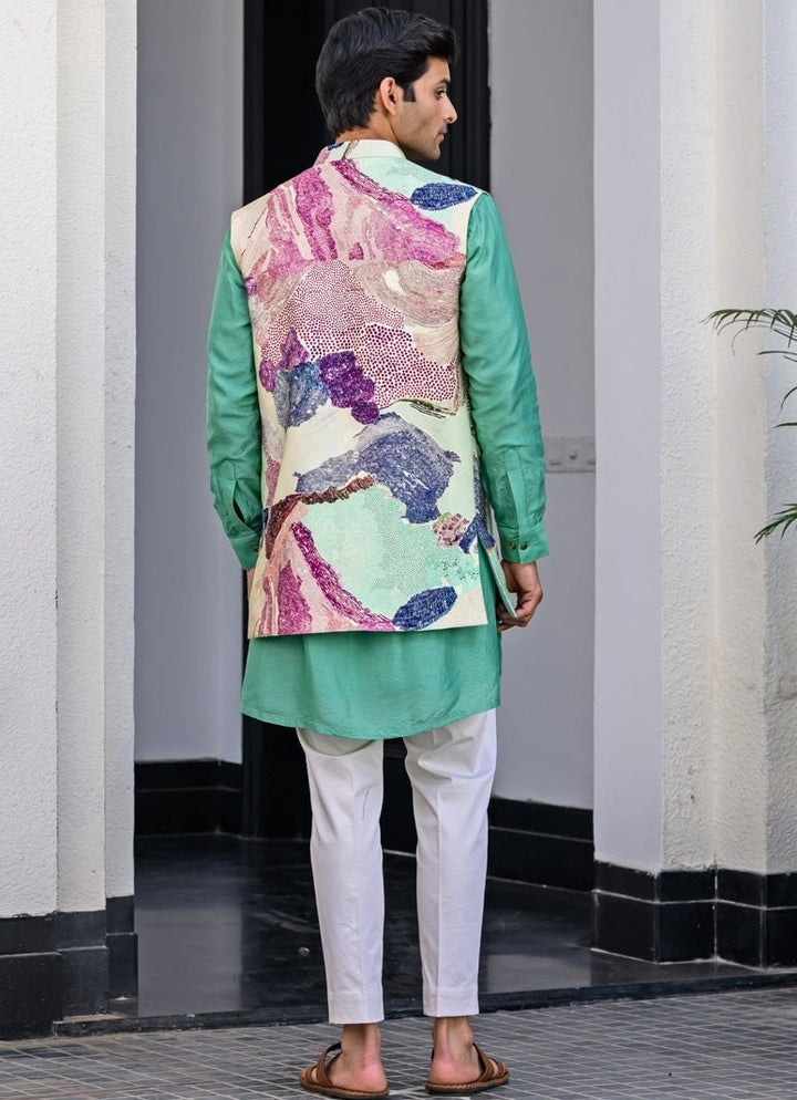 Green Printed Silk Nehru Jacket Set Juhi Bengani - Men - Fabilicious Fashion
