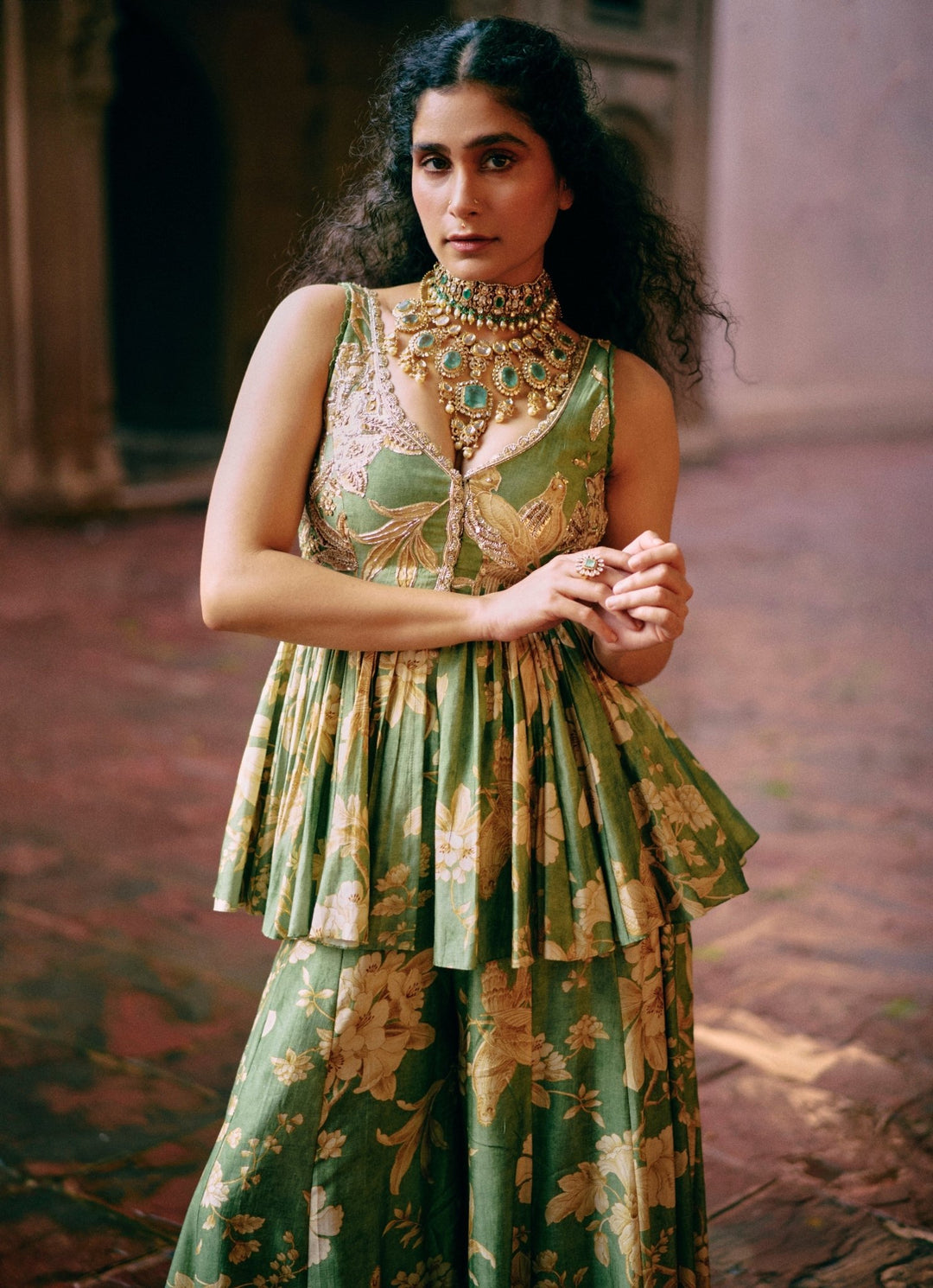 Green Printed Silk Peplum Kurta Palazzo Set Paulmi and Harsh - Fabilicious Fashion