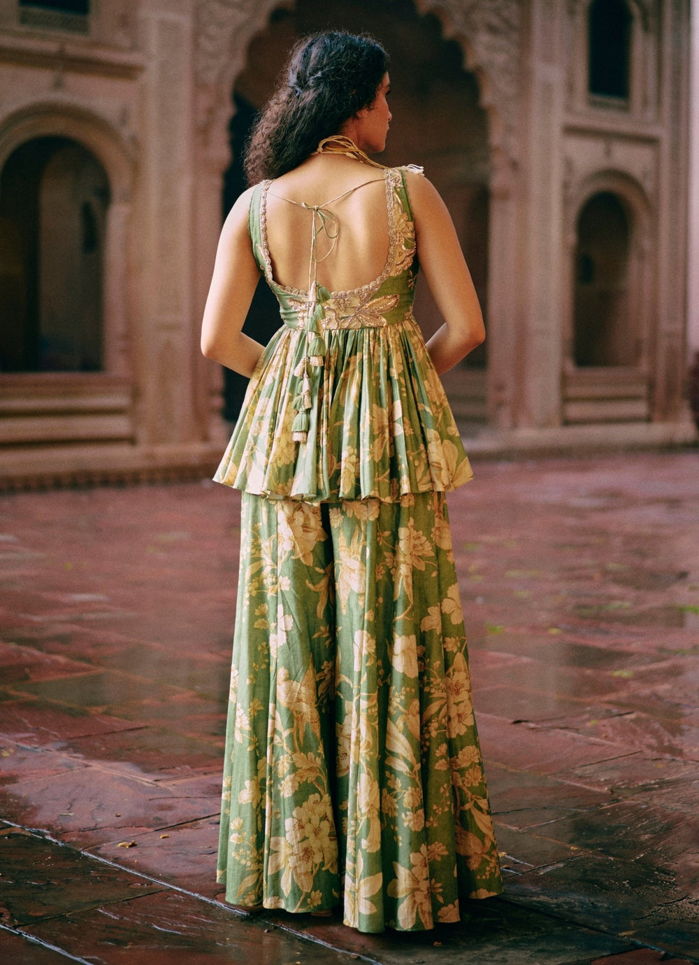 Green Printed Silk Peplum Kurta Palazzo Set Paulmi and Harsh - Fabilicious Fashion